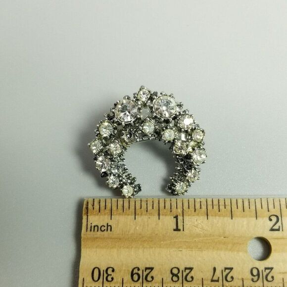 Vintage Rhinestone Crescent Moon Shape Brooch, Silver Tone Lapel Pin, Estate - Picture 6 of 7